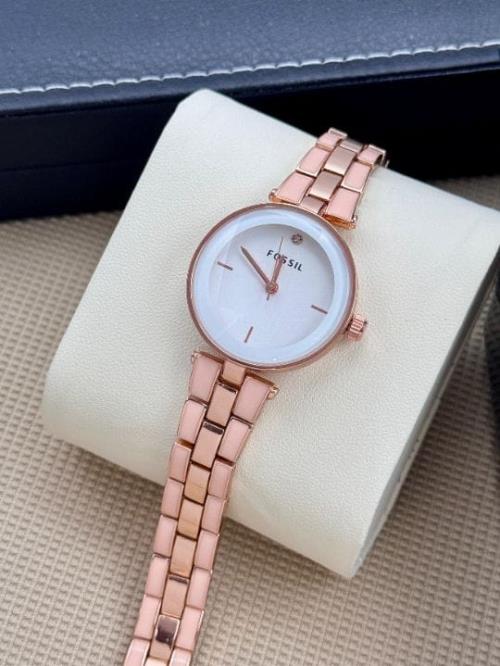 Women's Elegant Analog Watch Inspired by Fossil – Rose Gold & Black Link Bracelet, Minimalist Dial, 