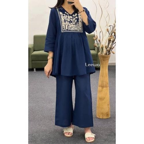 Women's Ethnic Embroidered Kurti Set – Stylish Navy Blue A-Line Top with Palazzo Pants, 3/4 Sleeves,