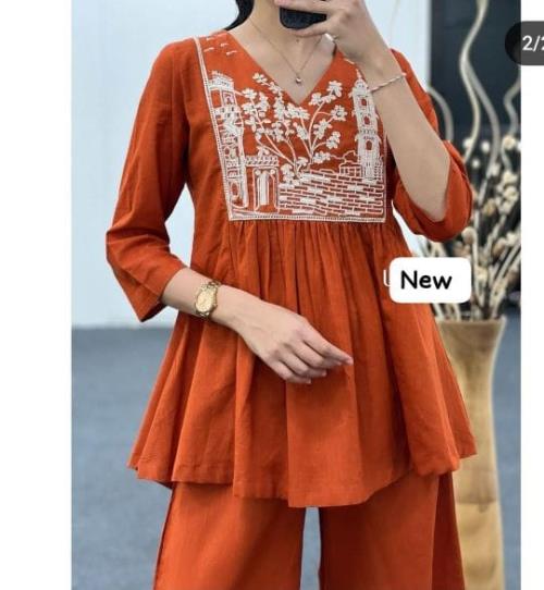 Women's Ethnic Embroidered Kurti Set – Stylish Navy Blue A-Line Top with Palazzo Pants, 3/4 Sleeves,
