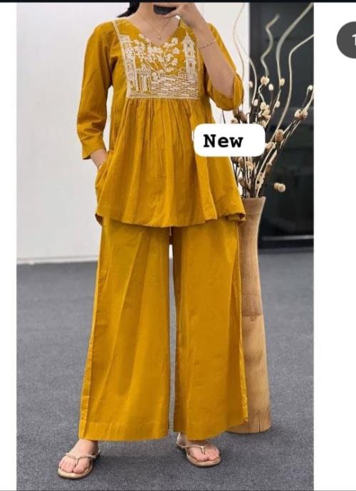 Women's Ethnic Embroidered Kurti Set – Stylish Navy Blue A-Line Top with Palazzo Pants, 3/4 Sleeves,