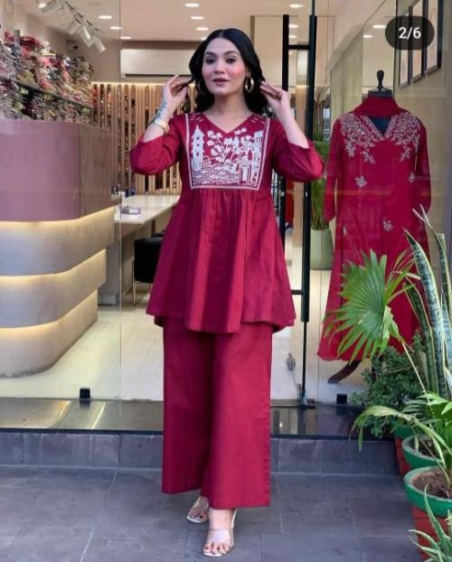 Women's Ethnic Embroidered Kurti Set – Stylish Navy Blue A-Line Top with Palazzo Pants, 3/4 Sleeves,