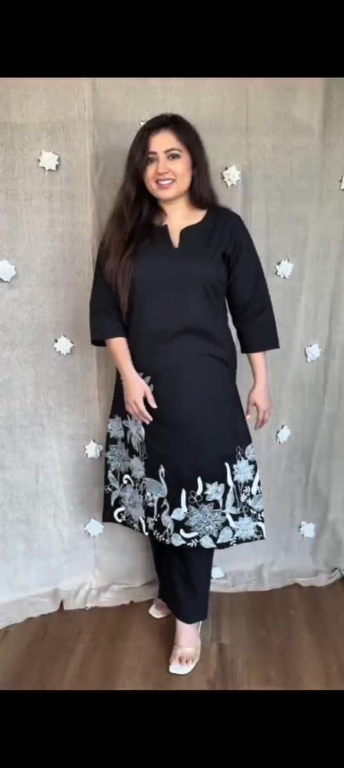 Women's Black Kurti Set with White Embroidery – Elegant Long Kurta with Straight Pants, 3/4 Sleeves,