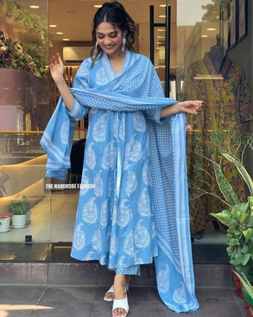 Women's Anarkali Kurta Set with Dupatta – Elegant Sky Blue Ethnic Suit with White Floral Print, Flar