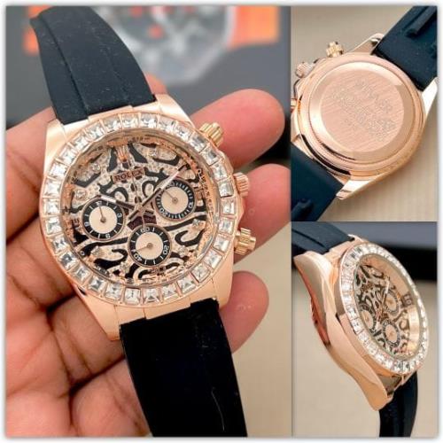 Luxury-Inspired Men's Gold Chronograph Watch – Black Rubber Strap, Diamond Bezel, Designer Skeleton 