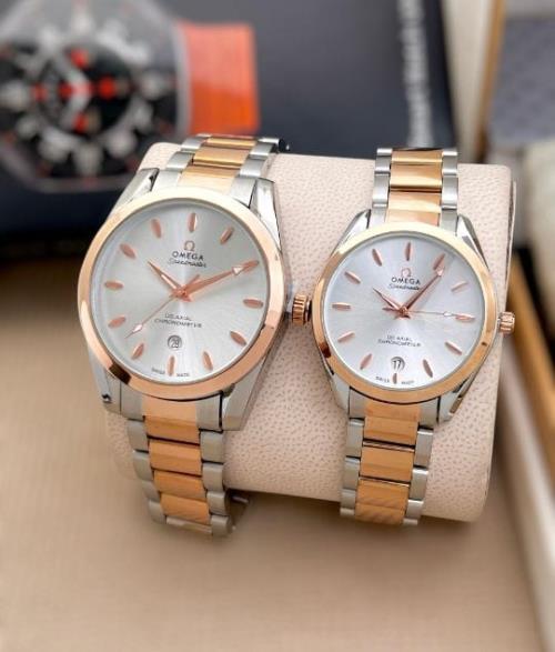 Luxury-Inspired OMEGA His & Hers Matching Watch Set – Silver & Rose Gold Tone, Stainless Steel Strap