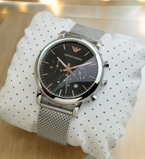 ARMANI Inspired Modern Men's Chronograph Watch - Black Dial with Rose Gold Accents, Silver Mesh  .