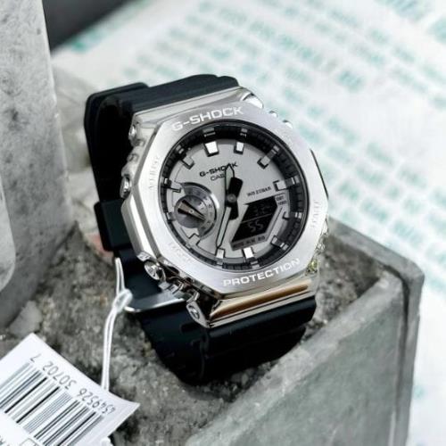 G SHOCK Inspired Men's Silver Tone Analog-Digital Watch - Octagonal Metal Bezel, Black Strap   .