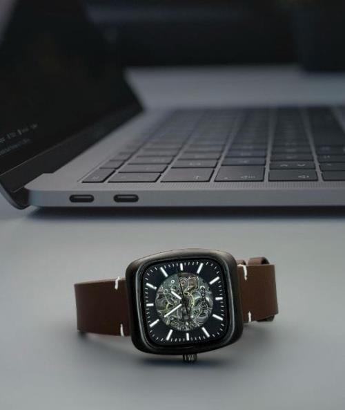 Inspired FOSSIL Vintage Style Skeleton Watch - Square Dial, Automatic Movement, Brown Leather   .
