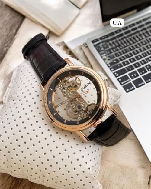 Luxury Skeleton Automatic Watch for Men – Corum-Inspired Transparent Dial Design, Rose Gold Case, Me