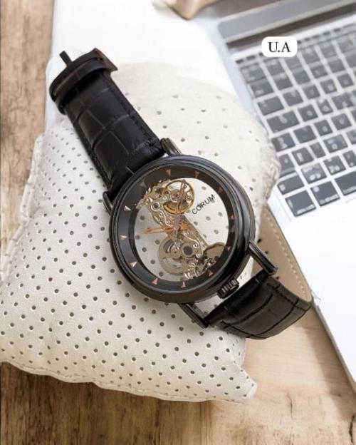 Luxury Skeleton Automatic Watch for Men – Corum-Inspired Transparent Dial Design, Rose Gold Case, Me