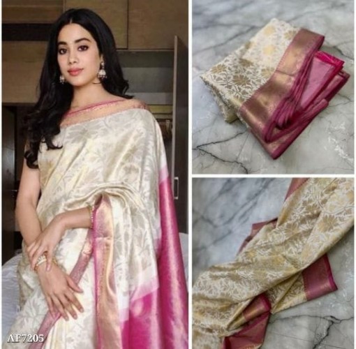 Banarasi Semi Silk Saree for Women – Inspired by Janhvi Kapoor – Floral Jaal Design with Medium Bord