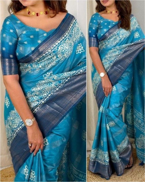 Women's Cotton Silk Zari Jacquard Saree – 6.3m Dusty Printed Design with Zari Weaving Checks, Border
