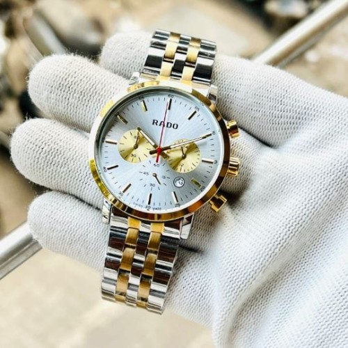 RADO BEST HIGH QUALITY ALL CRONO WORKING SILVER GOLD METAL BELT WHITE DIAL WATCH FOR MEN.