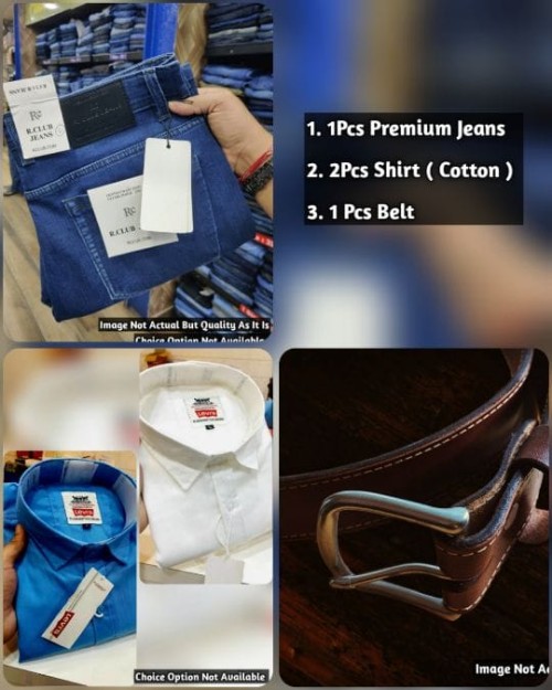Men's 3in1 Premium Gift Combo–2 Cotton Shirts, 1 Jeans, 1 Belt  – Stylish Apparel Set for Gifting ( 