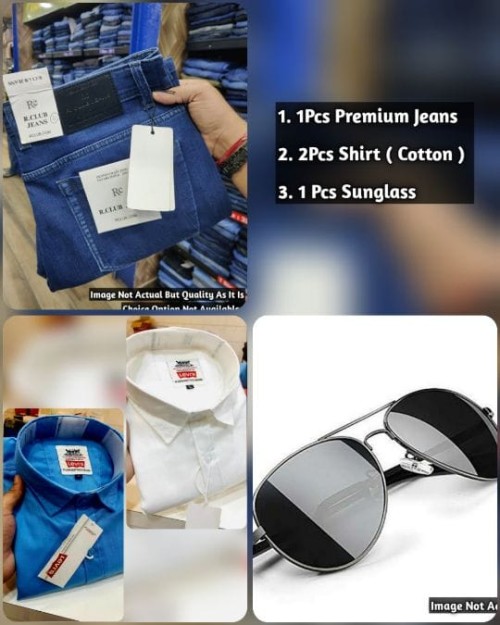 Men's 3in1 Premium Gift Combo–2 Cotton Shirts, 1 Jeans, 1 Sunglass  – Stylish Apparel Set for Giftin