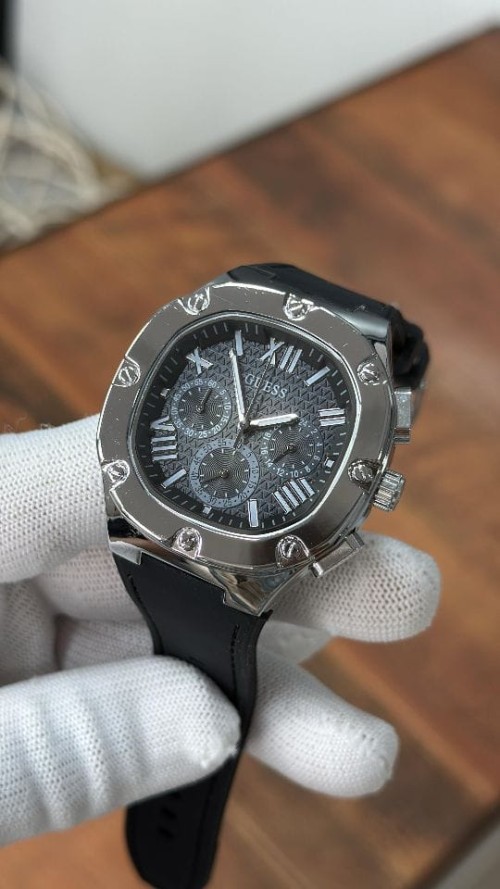 GUESS GW0571G4 Men’s Watch – Original Chronograph Black Dial with Silver Case | Black Silicone Rubbe