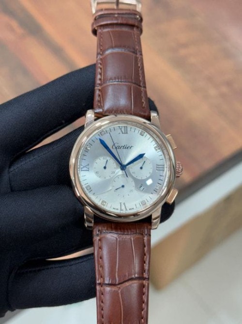  Inspired by Cartier Men's Chronograph Watch – 7A Premium Quality | Brown Leather Strap | White Dial