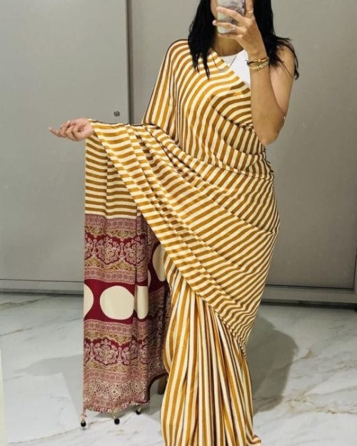 New Launch | Pure Crape Satin Saree with Ajrak Print & Rich Pallu – Elegant Ethnic Saree with Blouse