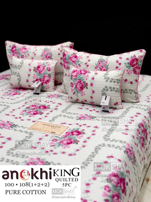 Anokhi King Size Quilted 5-Piece Set (100x108) | Pure Cotton Premium Bedding Set | Includes 1 Quilt,